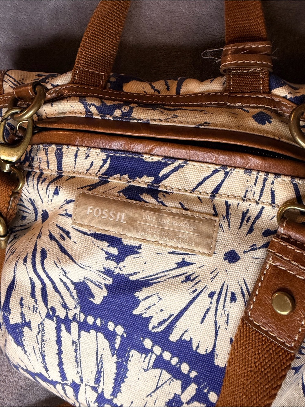 Fossil Blue and Cream Floral Canvas Backpack with Brown Leather Trim - Picture 7 of 10